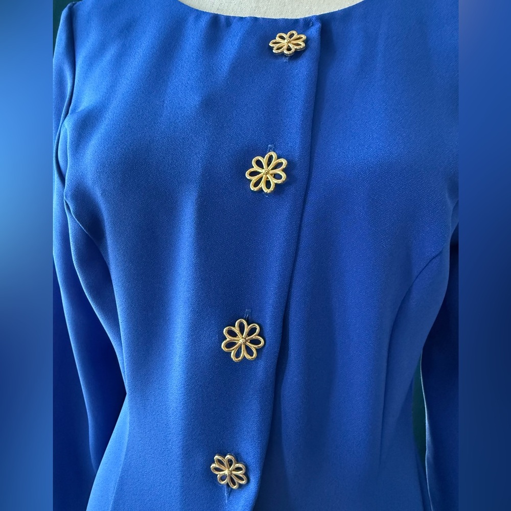 Vintage St Michael Blue Midi Dress with Gold Flower Buttons - Picture 6 of 10